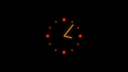 Neon clock icon flat style black background 24 Hour Day Fast Speed. Neon light stopwatch Clock time rotation 360 yellow color 4k illustration.