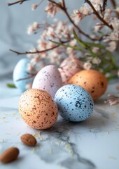 Naklejka na ściany i meble Easter decoration colorful eggs on white background with copy space. Beautiful colorful easter eggs. Happy Easter. Isolated.