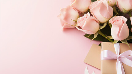 Paper card between light pink roses and gift on light