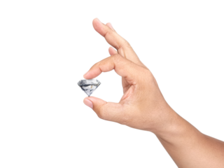 Hand holding diamond, transparent background. concept for choosing best diamond gem