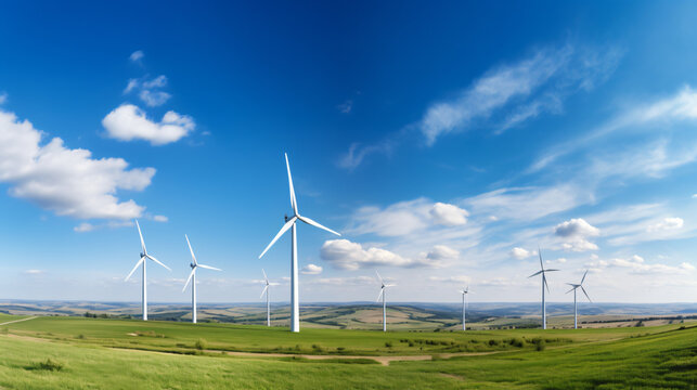 Panoramic view of wind farm or wind park with high win