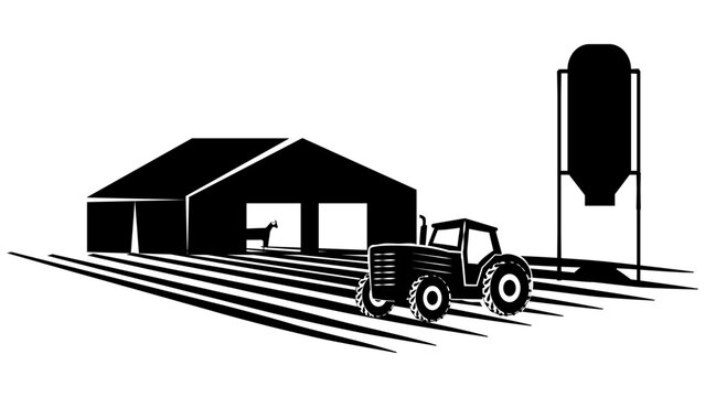 Silhouette scene from farm life with barn and tractor isolated on white background. Rural clipart.