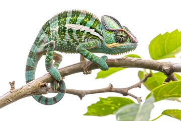 This close-up a chameleon as it grips a branch, its swirling eyes and vivid colors showcasing its unique adaptability