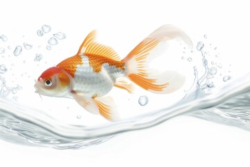 A single vibrant orange and white goldfish gliding through crystal clear water, with bubbles trailing behind, creating a peaceful underwater scene.