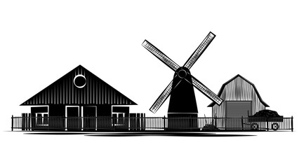 Set of silhouette scenes from farm life with house, barn and windmill isolated on white background. Rural clipart. © Vladimir Kazakov
