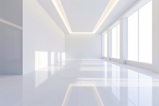 a white room with windows and lights