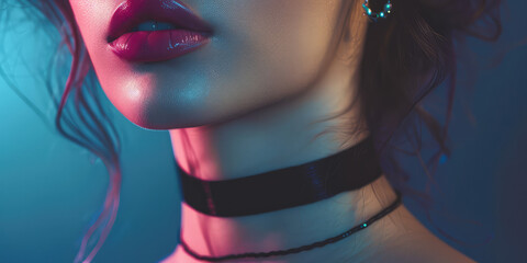 Naklejka premium Elegant Beauty Young Woman with Choker. Close-up of a girl with black choker on her neck, blue background with copy space.