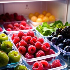 Fresh berries fruit stored neatly in organized clear pastic containers