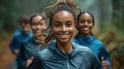 Group of young people in sports clothing jogging together outdoors