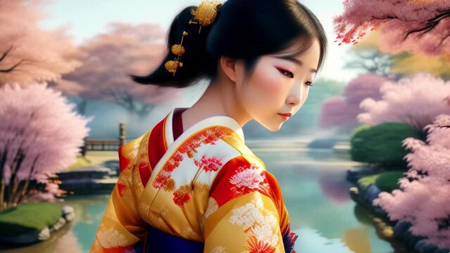 An Asian woman of noble origin in a festive kimono walks slowly through a blooming Japanese garden