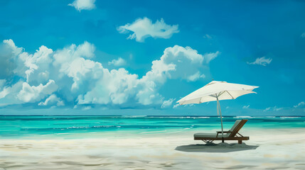 White sand beach with umbrella and longchair near the turquoise ocean