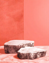 Marble rock podium mockup for products, coral pink background. Podium mockup for natural products