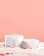 Marble rock podium mockup for products, coral pink background. Podium mockup for natural products