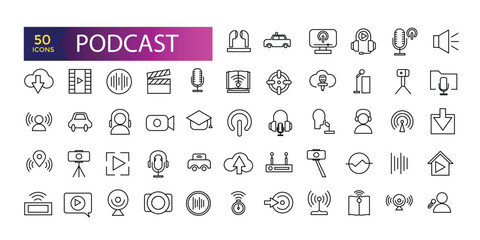 Fototapeta na wymiar Podcast set of web icons in line style. Learning icons for web and mobile app. E-learning, video tutorial, knowledge, study, school, university, webinar.