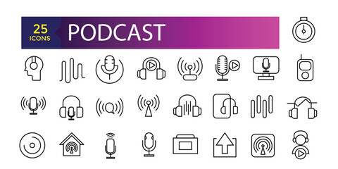 Podcast set of web icons in line style. Learning icons for web and mobile app. E-learning, video tutorial, knowledge, study, school, university, webinar.