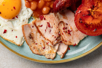 Portion of classic british breakfast with beans and sausages
