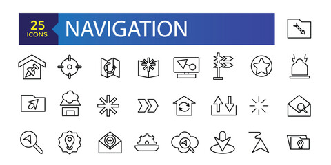 Simple Set of Navigation Related Vector Line Icons. Contains such Icons as Cloakroom, Elevator, Exit, Taxi, flag and more.