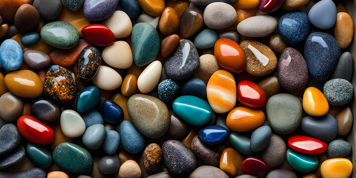 Multicolored small stones, wet pebbles on the seashore, natural background
