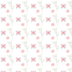 Cute floral seamless pattern print with doodle flower, willow and butterfly. Vector seamless pattern in flat style on white background. Repeat design for fabric, textile, decor, web, print, wallpaper