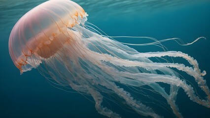 A translucent jellyfish with pastel-colored tendrils floating gracefully in a turquoise ocean.