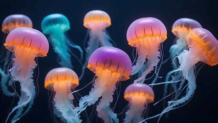 A group of miniature jellyfish with neon-colored bodies drifting together in a synchronized dance.