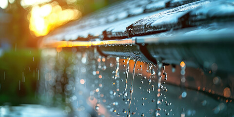 Rainwater Runoff on Urban Ground. Rain Water flow cascading down a suburban outdoor gutter, close-up on wet surfaces.