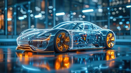 futuristic electric sport fast car chassis and battery packs with high performance or future EV fatory production and prototype showcase concepts as wide banner with copy space - obrazy, fototapety, plakaty