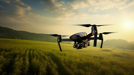 Quadcopter drone flying over field in nature panorama.
