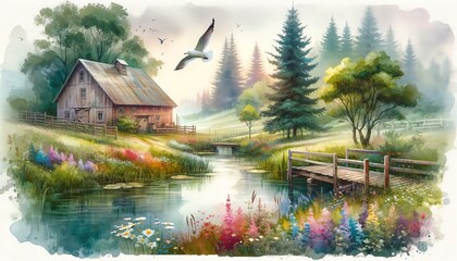 Watercolor illustration of a Rustic barn house and lake