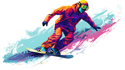 Fototapeta na wymiar Vector illustration. Colorful figure of a snowboarder riding a snowboard on a white isolated background. Winter sport concept