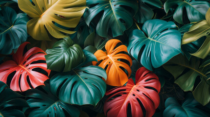 Monstera and Calathea colorful leaves background. Tropical plants full of colors
