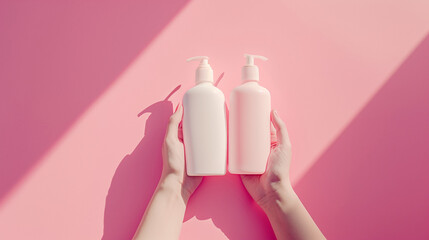 hand holding empty shampoo and hair conditioner bottles on soft pink background. Ai Generated Images