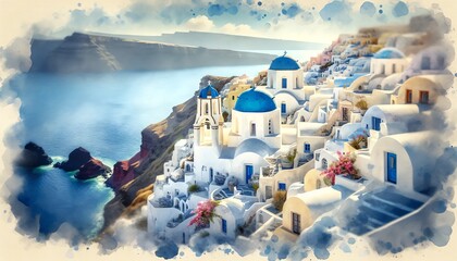 Watercolor landscape of Santorini, Greece