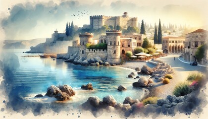 Watercolor landscape of Rhodes, Greece - obrazy, fototapety, plakaty