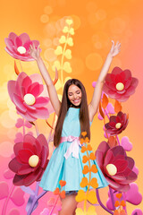 Fototapeta premium Vertical photo collage of happy girl closed eyes wear dress pose spring atmosphere flowers herbs postcard isolated on painted background