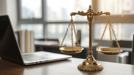 Symbolizing justice and legal authority, golden balanced scale on desk with laptop - obrazy, fototapety, plakaty
