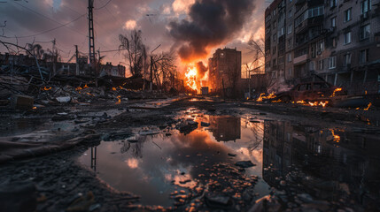 burning city, burning buildings in the distance, after air raid