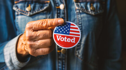 Close up of hand holding a voting badge with american flag