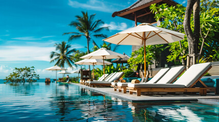 Swimming pool with sunbeds and umbrellas