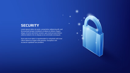 Security concept with isometric shiny padlock on blue background. Protecting your applications. Vector for website or banner. - obrazy, fototapety, plakaty
