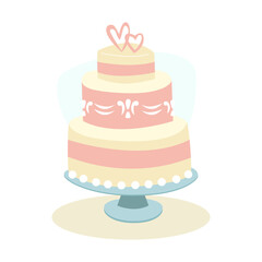 Stylish Wedding Cake Decorated with Ornament and Hearts. Festive Layered Cake with Pink Frosting. Vector Illustration in Flat Style.