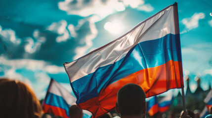 Crowd of people with Russian flags in the city. Russia. - obrazy, fototapety, plakaty