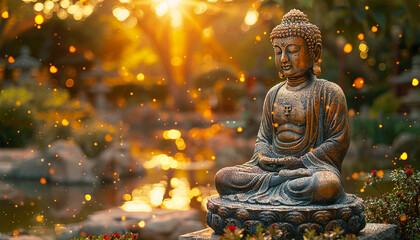 Buddha meditating among lotus flowers on water. Sparkling lights calm meditation landscape. Sparkling lights. Buddhism,Buddhist monk statue religious