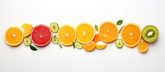 A colorful display of sliced fruits in a row on a white background resembling a vibrant art painting. Perfect for a culinary event or fashion accessory inspiration