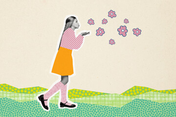 Composite photo collage of cute little girl send air kiss blow flowers bud atmosphere spring walk outdoors isolated on painted background