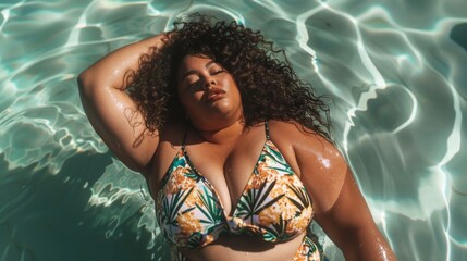 Plus size female in a swimsuit swims in the pool. Young woman in swimwear. Black model
