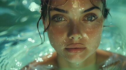 Female swimmer at the swimming pool.Underwater photo. Female swim underwater in pool. Girl wearing summer goggles swims underwater poolside.