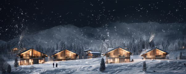 Alpine huts or cottages in winter land. Panoramatic view on chalets covered with snow in evening...