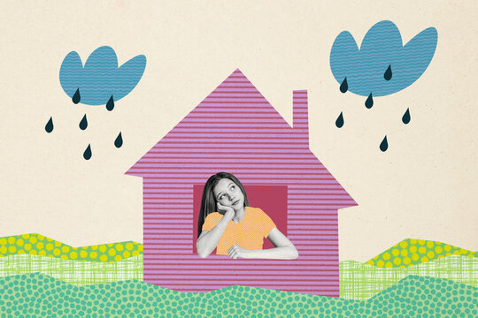 Composite photo collage of little girl sit window bored bad weather rain wet pink house countryside lawn isolated on painted background