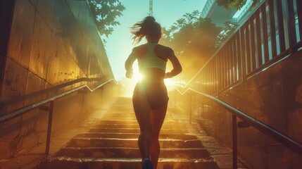 Female runner running up urban stairway